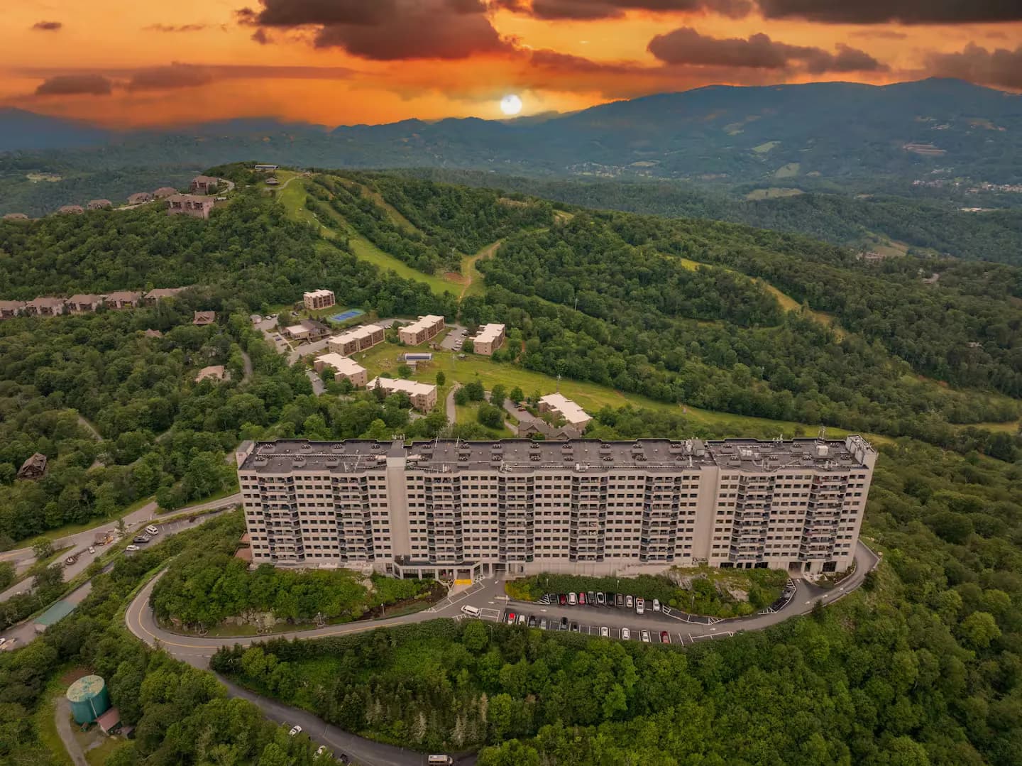 Sugar Top from the air at sunset, with the ski slopes in the background